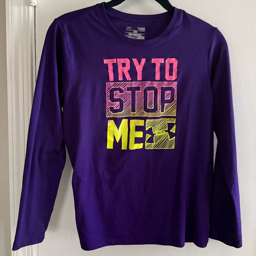 Under Armour Purple Long Sleeve Kids Tee with Bold Graphic Size Youth L